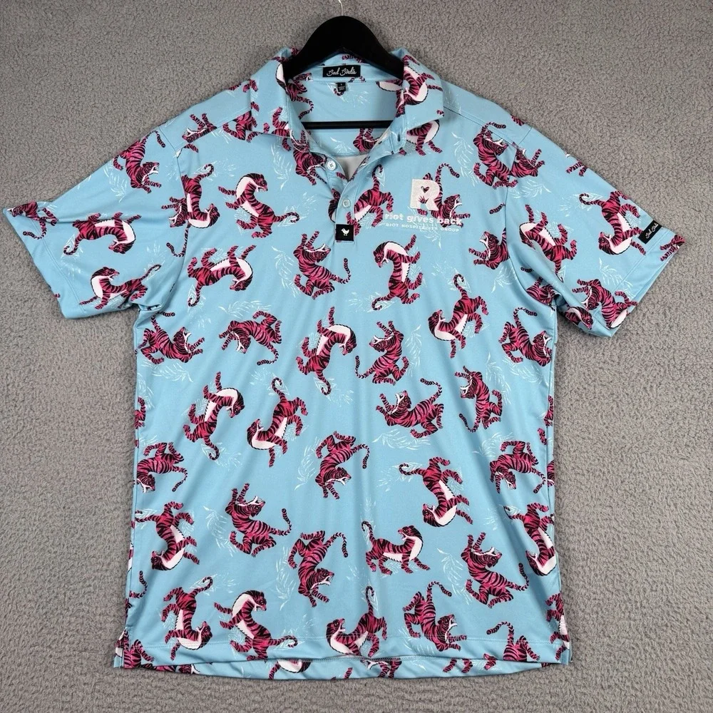 Bad Birdie Polo Mens Large Blue‎ Tiger Watch Print Performance Stretch Golf LOGO